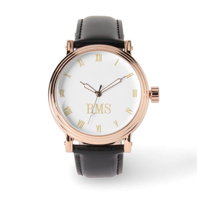 Mens Rose Gold Mit Monogramm schwarzer Lederriemen Armbanduhr (Vorderseite)