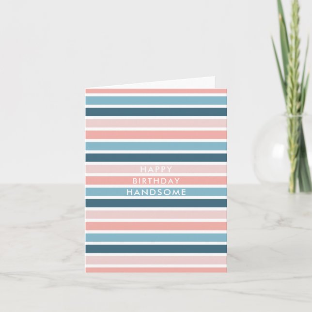 Mens Simple Blue Pink Stripe Handsome Birthday Karte (Vorderseite)