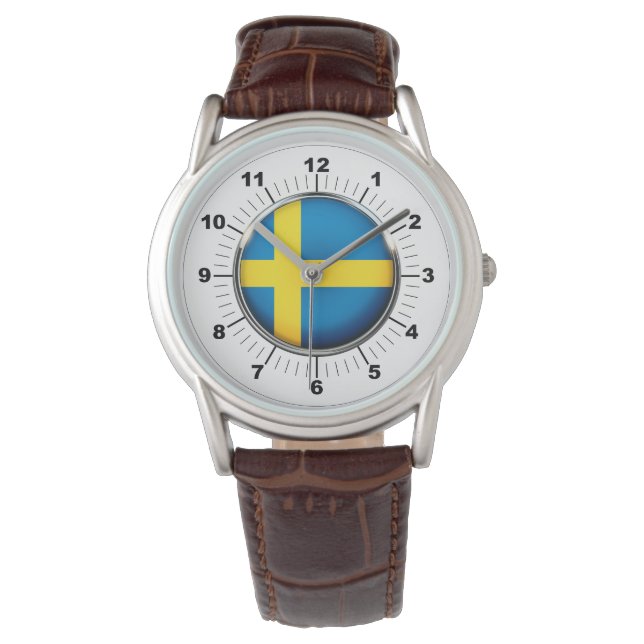 Men's Sweden Flag Classic Brown Leather Watch Armbanduhr (Vorderseite)