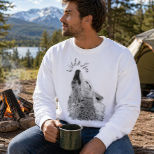 Mens Wild & Free Schriftzug Heulender Wolf Fine Ar Sweatshirt