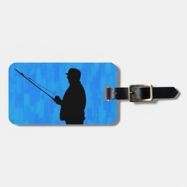 Mensch, der mit abstrakt blauem Hintergrund fische Gepäckanhänger (Vorderseite horizontal)