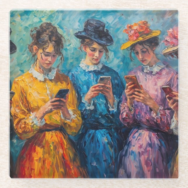 Menschen des 19. Jahrhunderts mit Smartphones Glasuntersetzer (Vorderseite)