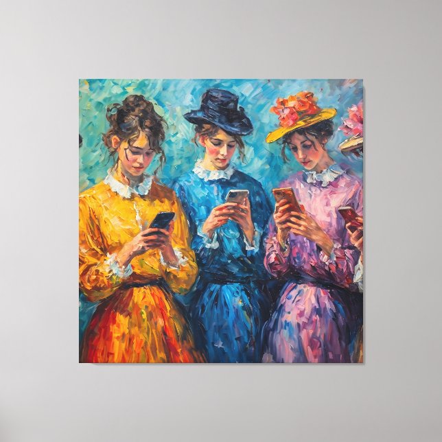 Menschen des 19. Jahrhunderts mit Smartphones Leinwanddruck (Vorderseite)