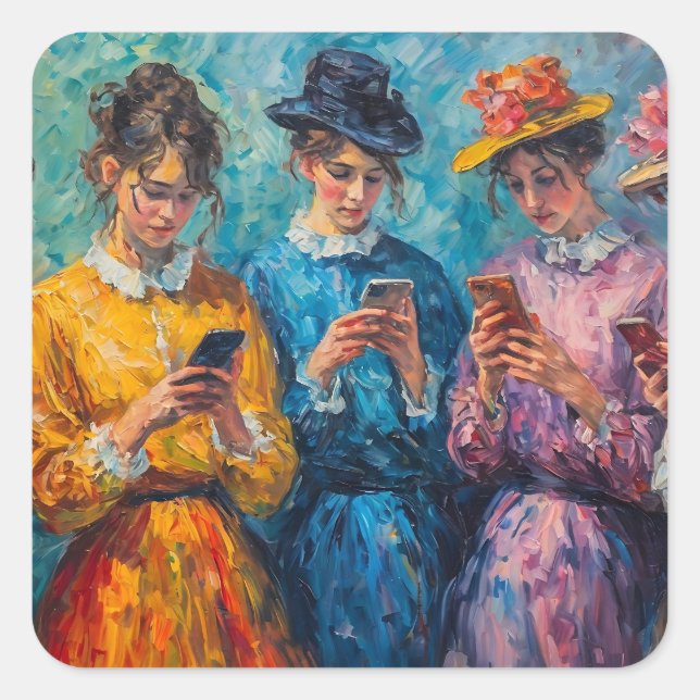 Menschen des 19. Jahrhunderts mit Smartphones Quadratischer Aufkleber (Vorderseite)