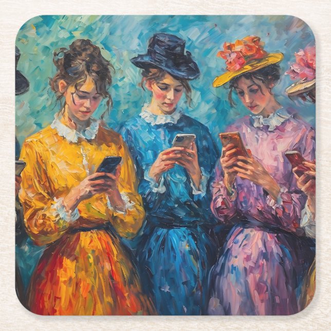 Menschen des 19. Jahrhunderts mit Smartphones Rechteckiger Pappuntersetzer (Vorderseite)