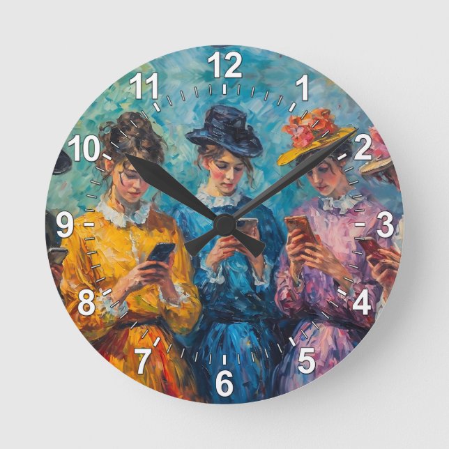 Menschen des 19. Jahrhunderts mit Smartphones Runde Wanduhr (Vorderseite)