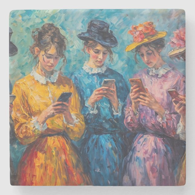 Menschen des 19. Jahrhunderts mit Smartphones Steinuntersetzer (Vorderseite)