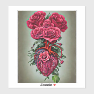 Menschliches Herz mit Rote Rose Blume surreale Kun Aufkleber