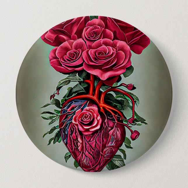 Menschliches Herz mit Rote Rose Blume surreale Kun Button (Vorderseite)