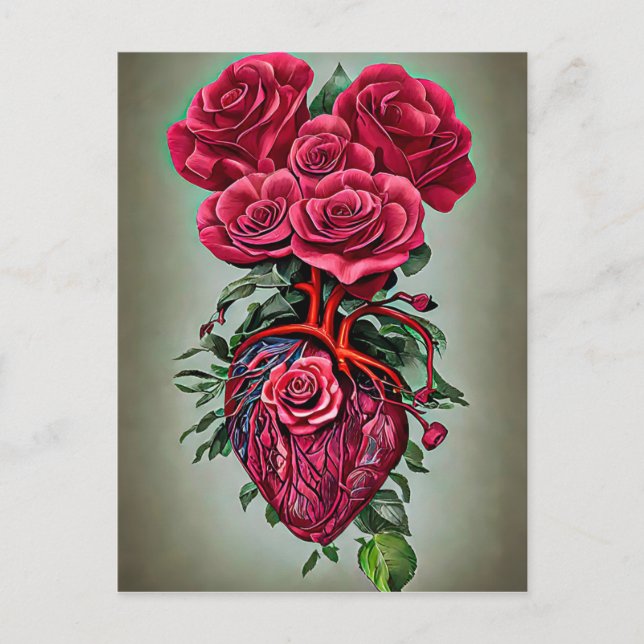 Menschliches Herz mit Rote Rose Blume surreale Kun Postkarte (Vorderseite)