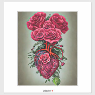 Menschliches Herz mit roten Rosenblumen Surrealer Aufkleber
