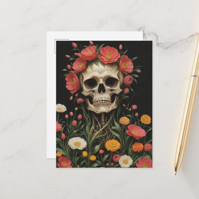 Menschliches Skelett bei Blume Postkarte (Vorderseite/Rückseite Beispiel)