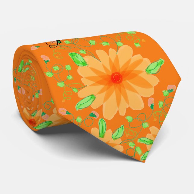 Menswear Flower Krawatte in Orange Floral Print (Gerollt)