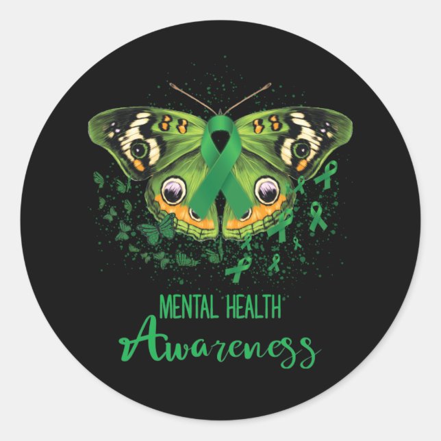 Mental Health Awareness Butterfly Green Ribbon Runder Aufkleber (Vorderseite)