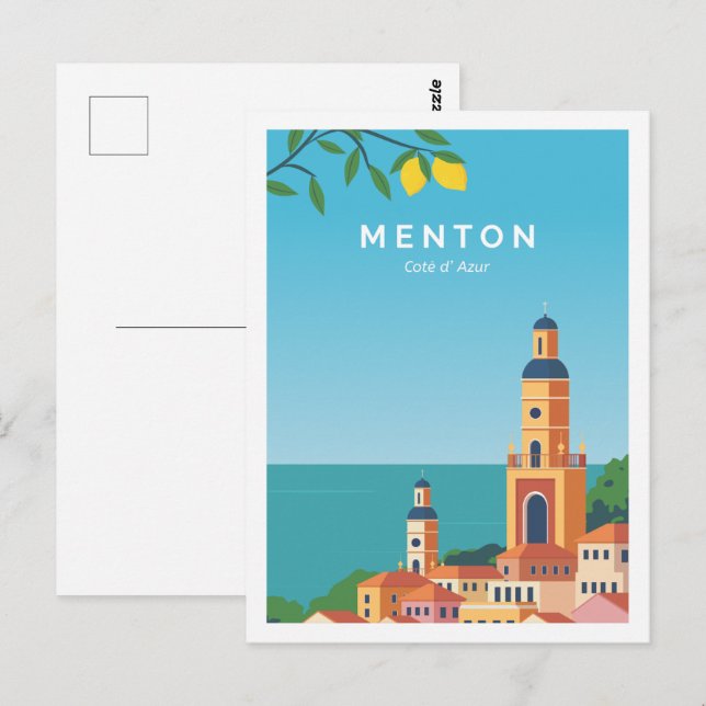 Menton Cote de Azur Travel Place Illustration Postkarte (Vorne/Hinten)