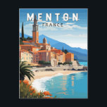Menton France Travel Art Vintag Postkarte<br><div class="desc">Menton Retro Vektor Reise Design. Menton ist eine Stadt an der französischen Riviera im Südosten Frankreichs. Es ist bekannt für Strände und Gärten wie den Garten Serre de la Madone.</div>