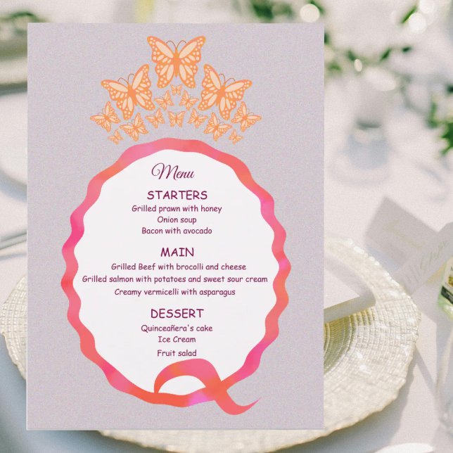 Menu 15th Birthday Quinceanera Butterfly Crown Squiggle (Créateur téléchargé)