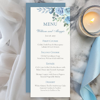 Menu 25e Anniversaire de Mariage Bleu Floral Élégant