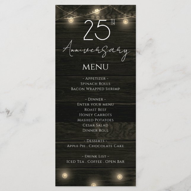 Menu 25e anniversaire de mariage Bois rustique et lumiè (Devant)