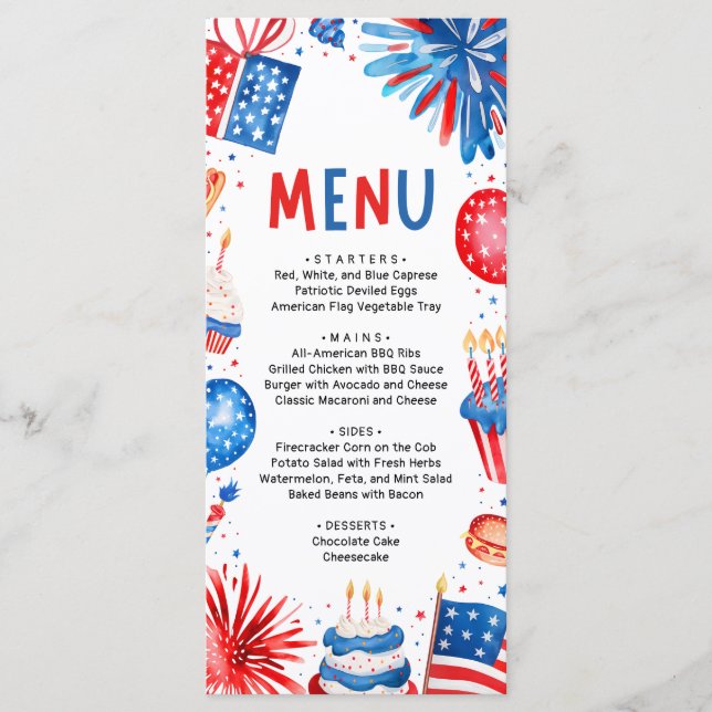 Menu 4 juillet Anniversaire patriotique rouge, blanc et (Devant)