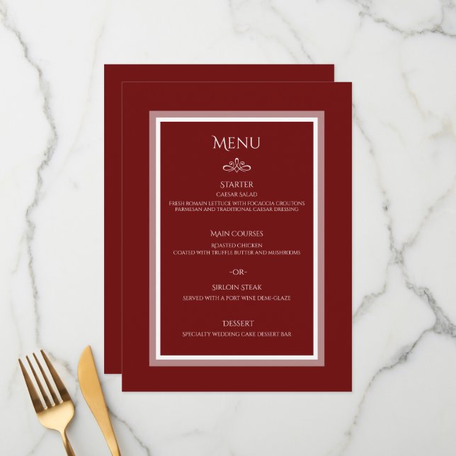 Menu à plat rouge mariage de Bourgogne (Devant/Arrière en situation)