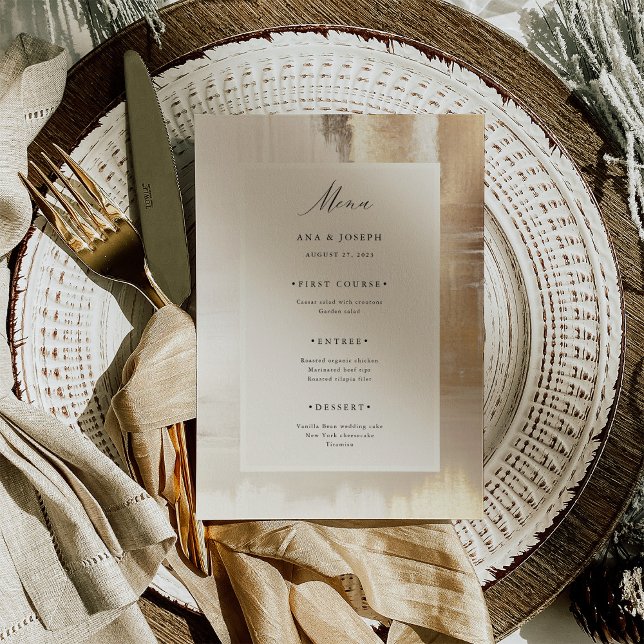 Menu Abstrait d'or | Mariage élégant (An elegant, faux gold abstract look and a trendy neutral center frame decorate this wedding menu)