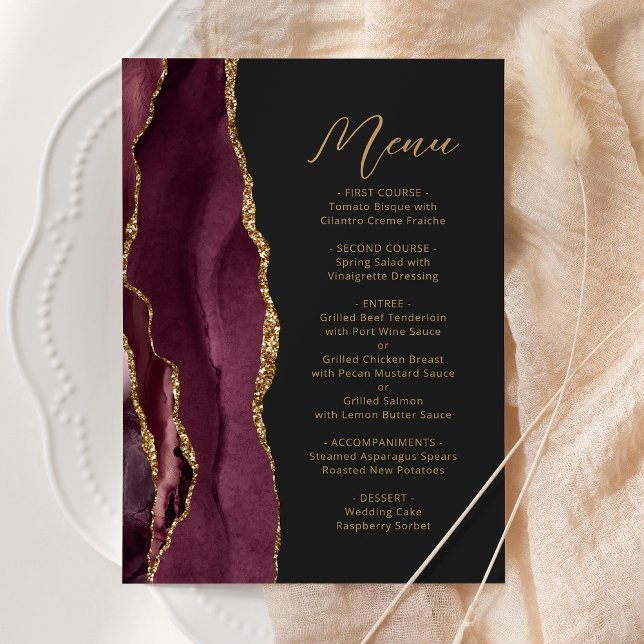 Menu Agate Bourgogne Or Script Mariage Sombre (Créateur téléchargé)