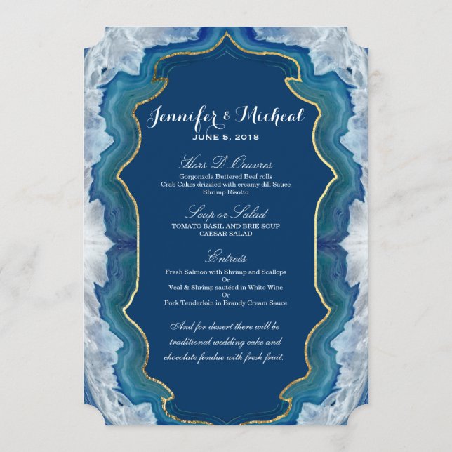 Menu Agate Elegant Pretty Blue Geode Motif Turquoise (Devant)
