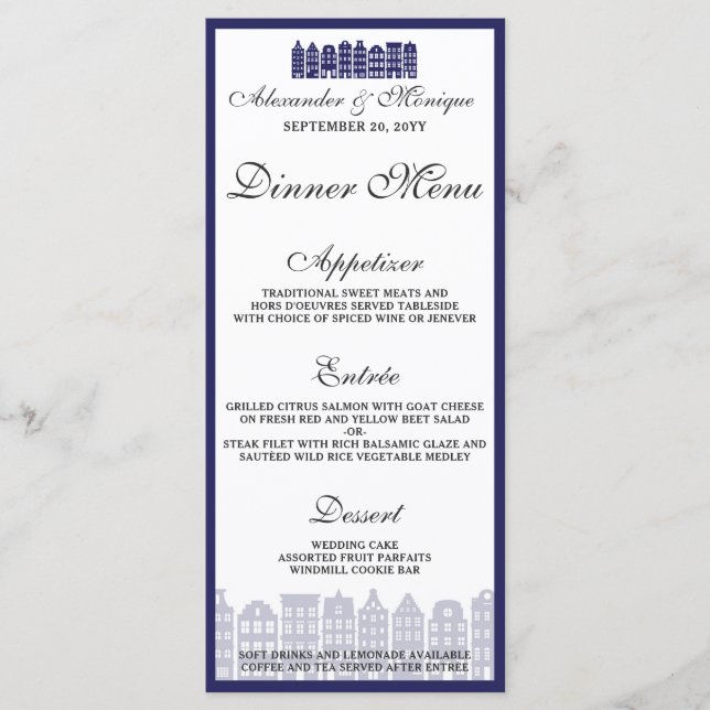 Menu Amsterdam Canal Maisons Hollandaise Mariage Dîner  (Devant)