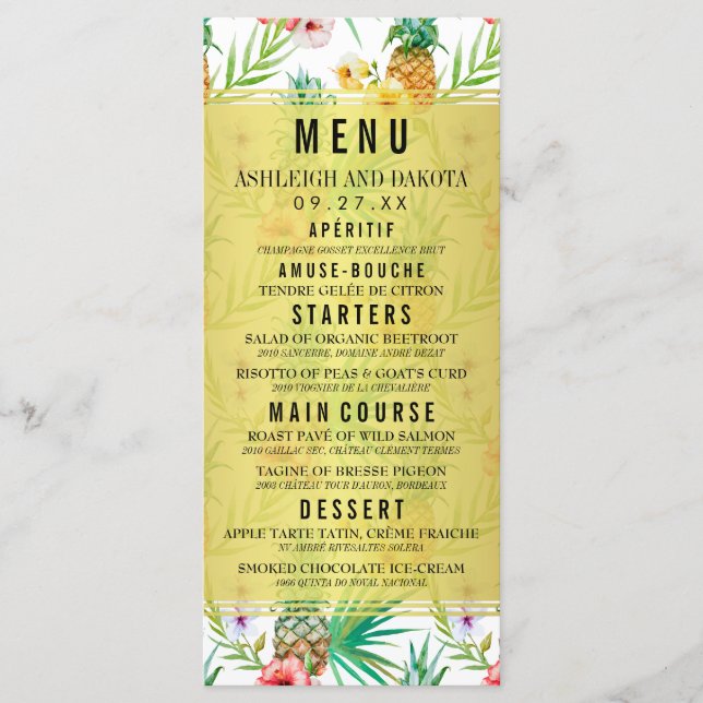 Menü "Ananas und Hibiskus Hochzeit in Urlaubsort" Menükarte (Vorderseite)