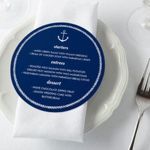 Menu Ancre de corde ronde bleu blanc Mariage nautique