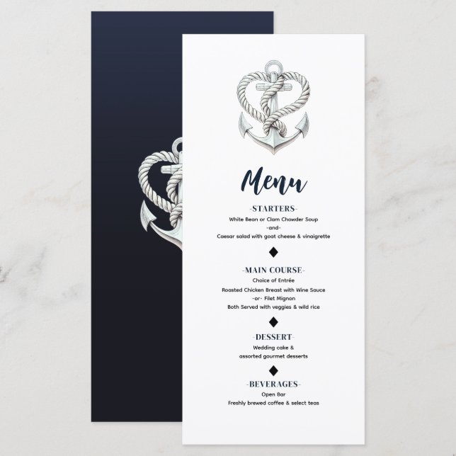 Menu Ancre de cordes cardiaques nautiques Mariage côtie (Devant / Derrière)