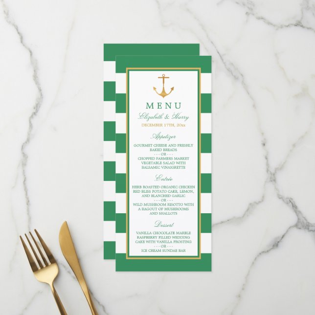 Menu Ancre d'or nautique, Sea Green et Mariage d'or (Devant/Arrière en situation)