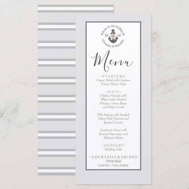 Menu Ancre florale à thème nautique gris argenté (Devant / Derrière)