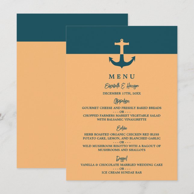 Menu Ancre nautique - Bleu corail - Mariage plage (Devant / Derrière)