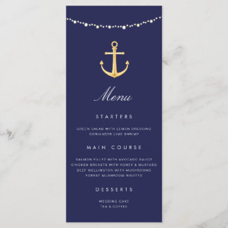 Menu Ancre nautique Mariage Marine Blue Gold