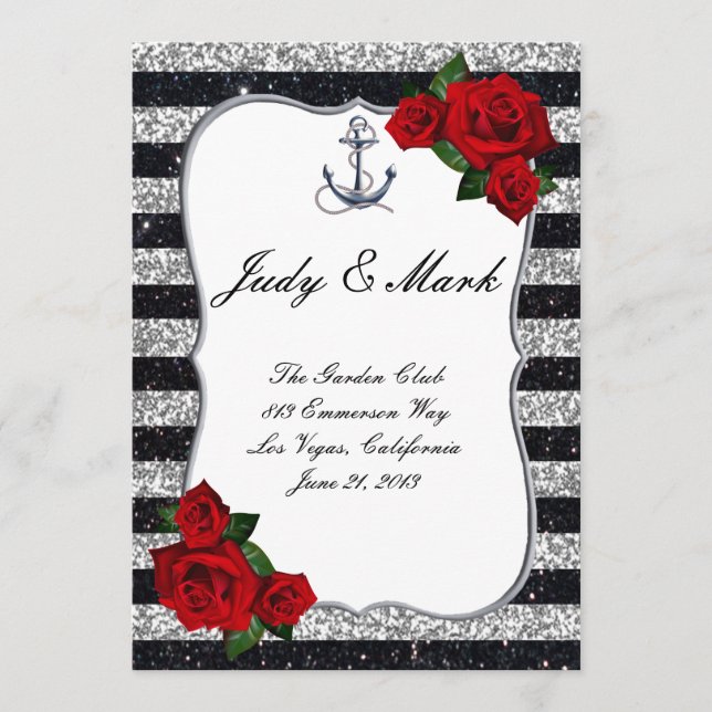 Menu Ancre nautique Mariage Silver Black Stripes (Devant)