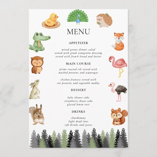 Menu Animaux forestiers des bois (Devant)