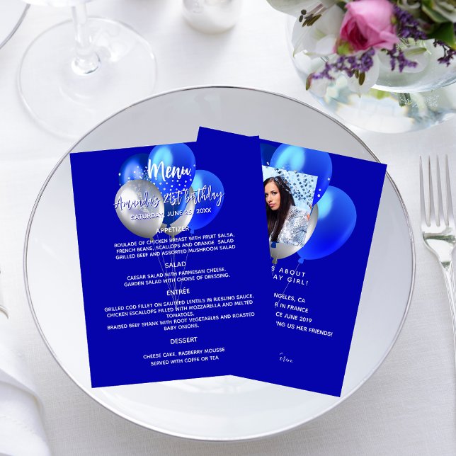 Menu Anniversaire bleu royal ballons blancs faits  (Créateur téléchargé)