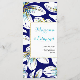 Menu Aqua, feuille d'or floral marine bleu mariage cart