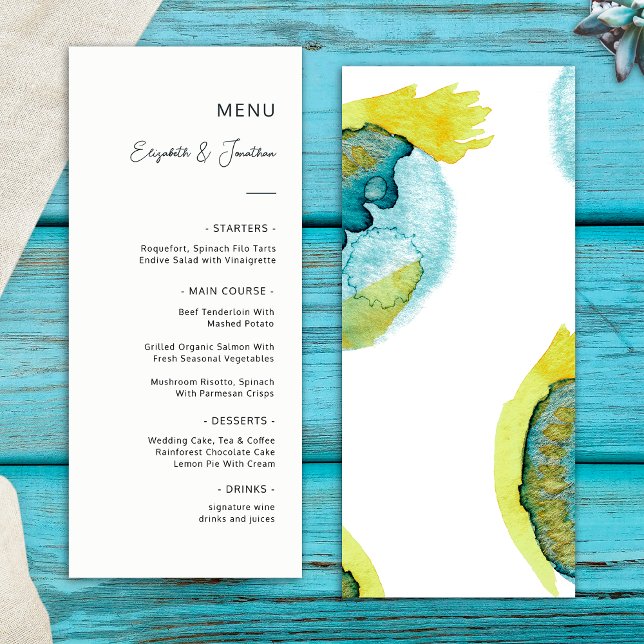 Menu Aquarelle Abstraite bleu Jaune Art Mariage unique (Front/Back)