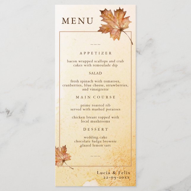 Menu Aquarelle Automne Maple Leaf Dîner Mariage (Devant)