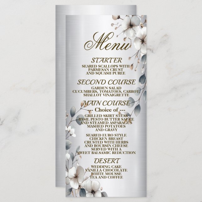 Menu Aquarelle Blanc Fleur Or Frère Argent Dîner (Devant / Derrière)