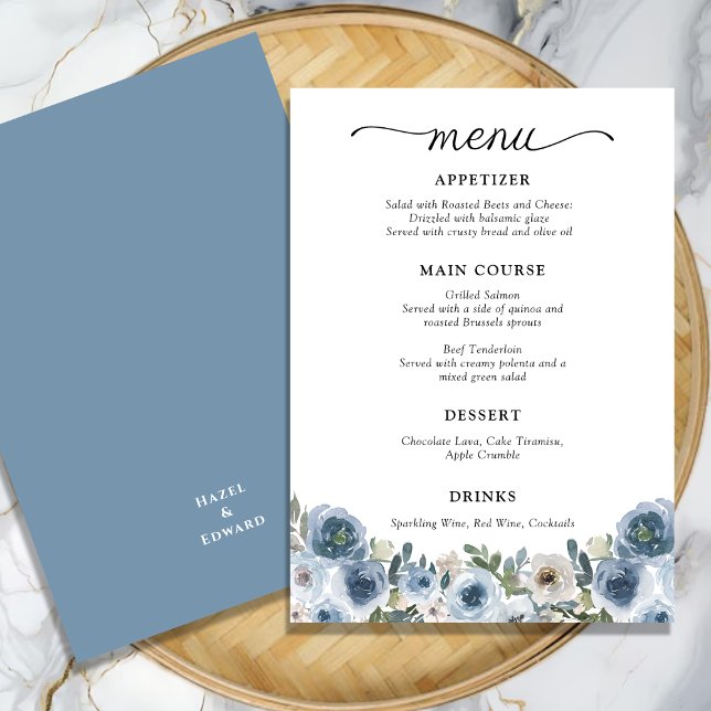Menu Aquarelle bleu clair classique Mariage floral (Classic Dusty Blue Watercolor Floral Wedding Menu)