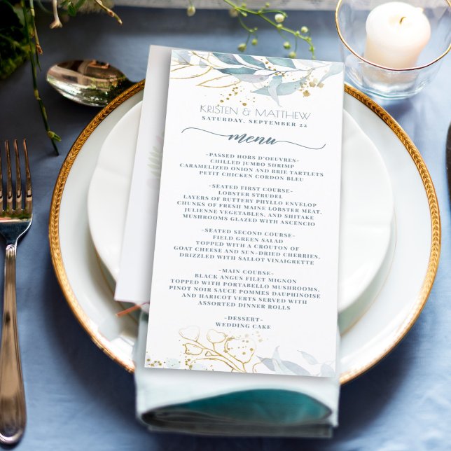Menu Aquarelle Bleu Dusty Floral Or Elégant Mariage (Elegant dusty blue greenery with gold accent makes this the perfect menu for your boho wedding)