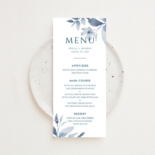 Menu Aquarelle bleu Dusty Mariage Floral (Créateur téléchargé)