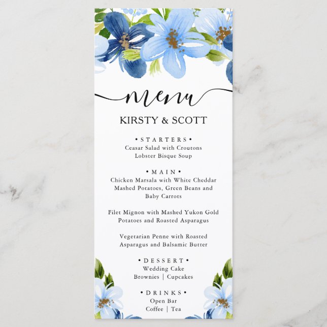 Menu Aquarelle bleu et Mariage de fleurs de marine (Devant)