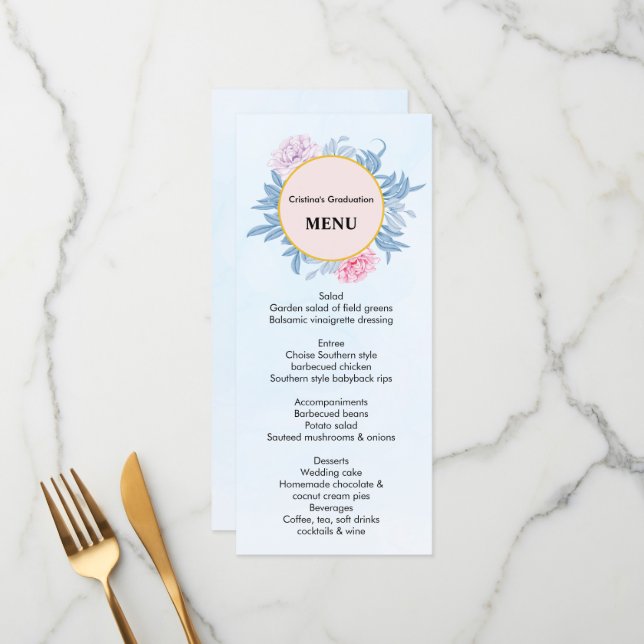 Menu Aquarelle bleu poussiéreux Dîner de finition succu (Devant/Arrière en situation)