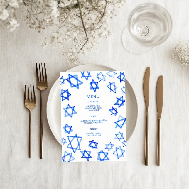 Menu Aquarelle Blue Star de David Bar Bat mitzvah (Watercolor Blue Star of David Bar Bat Mitzvah Jewish Wedding Custom Menu
)