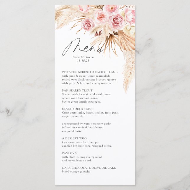 Menu Aquarelle Boho Floral Pampas Gras Dîner Mariage (Devant)